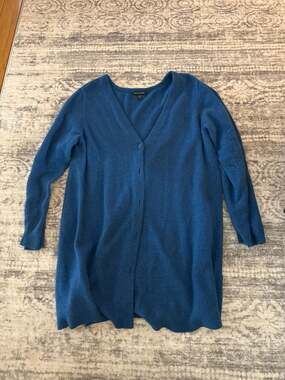 Eileen Fisher XL Blue Wool Cashmere Blend V-Neck Button Front Cardigan